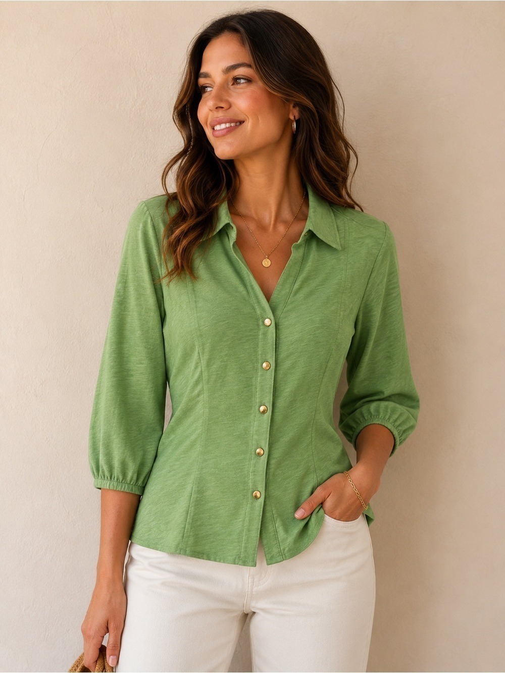 NWT Nation Los Angeles Shannon Top Cactus Green Cotton Button Blouse M sold out!